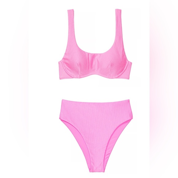 PINK Victoria’s Secret Pink Ribbed Bikini Set Size M High Waist Swimwear NWT - Picture 2 of 8